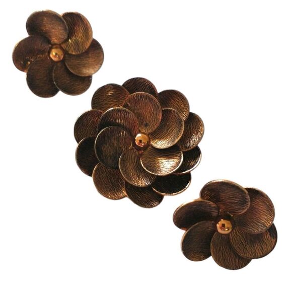 Demi Parure Earrings Brooch Set Vtg Copper Floral 50s 60s Daisy Estate MCM Retro - Picture 12 of 16